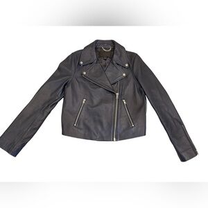 J Crew Collection Women’s Navy Leather Moto Jacket size 8 EUC
